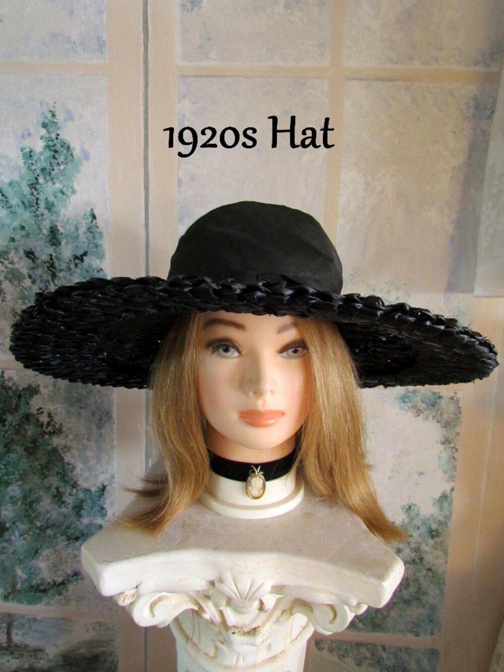 1920s MR. JOHN BLACK HAT, WIDE STRAW w COLLAPSIBLE CROWN, HARRE TATOU LABEL